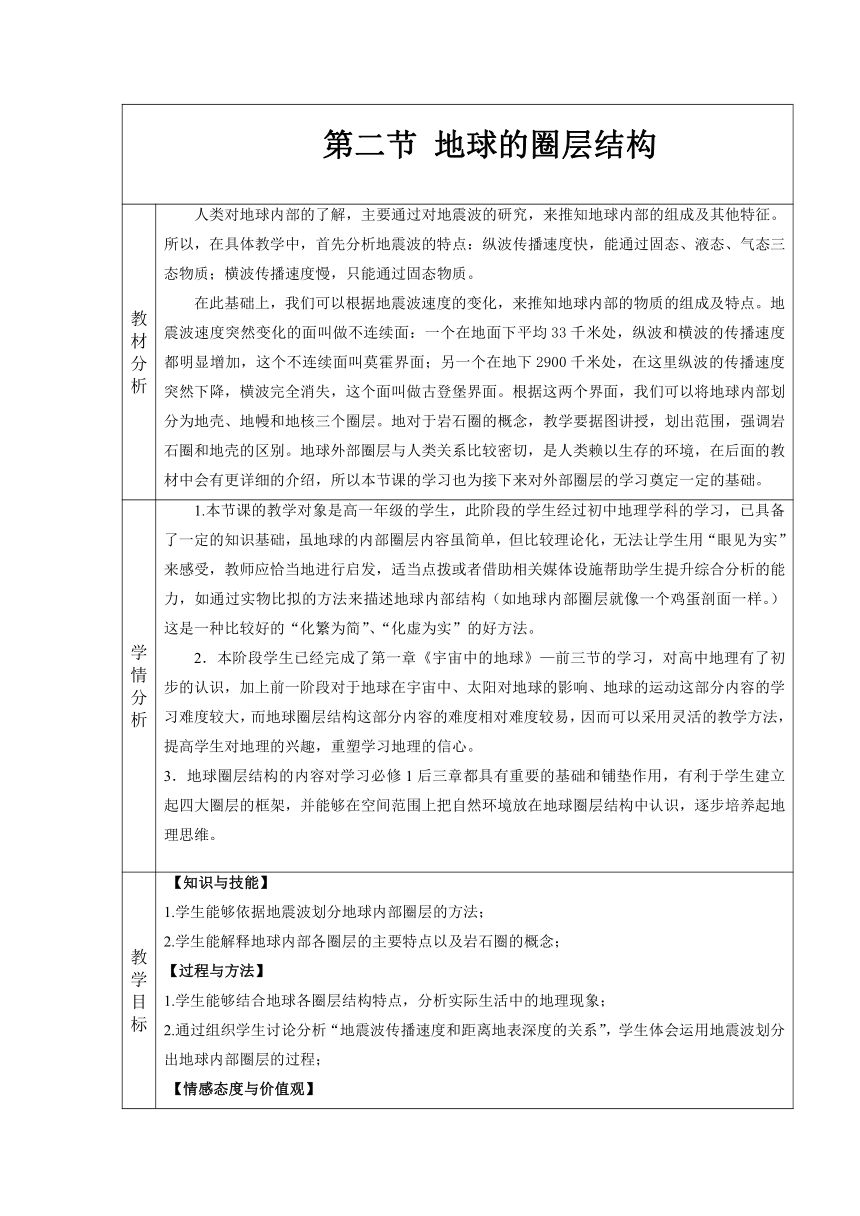 1.2地球的圈层结构教案（第一课时）（表格式）