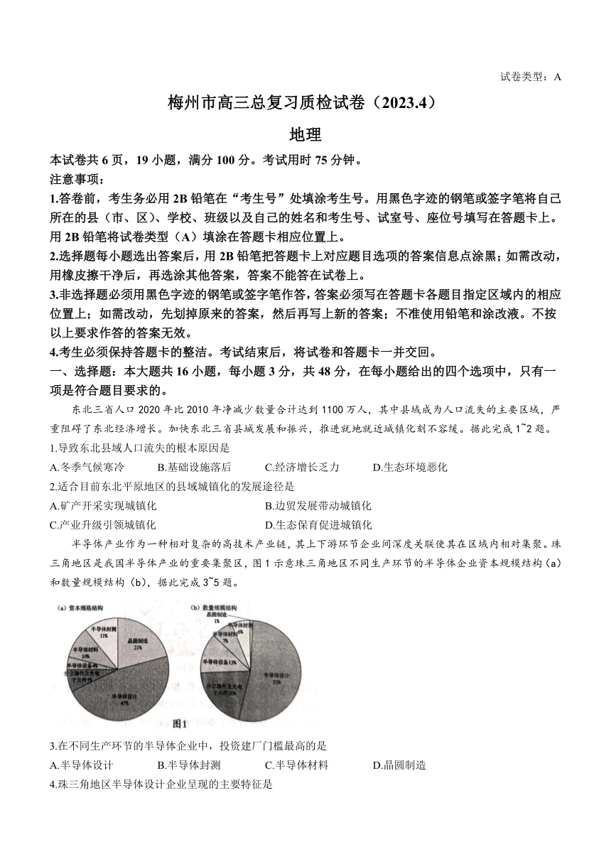 2023届广东省梅州市高三下学期4月总复习质检（二模）地理试题（含答案）