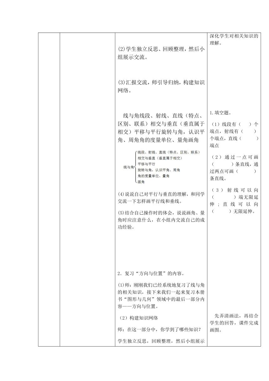 复习-图形与几何表格式教案 数学   四年级上册 北师大版