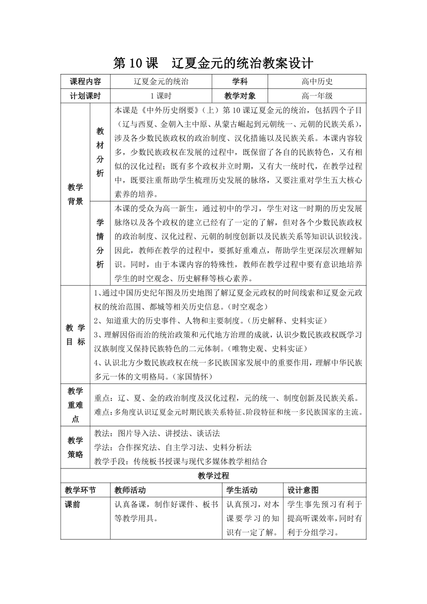 第10课 辽宋金元的统治 教学设计（表格式）--2023-2024学年高中历史统编版（2019）必修中外历史纲要上册