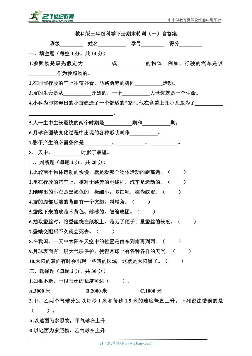 教科版三年级科学下册期末特训（一）含答案