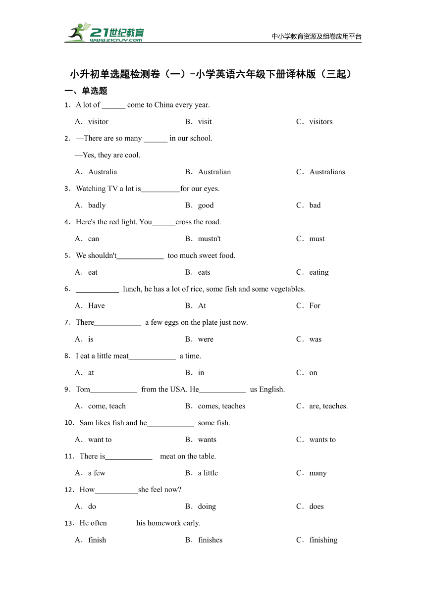 小升初单选题检测卷（一）-小学英语六年级下册译林版（三起）（含答案）