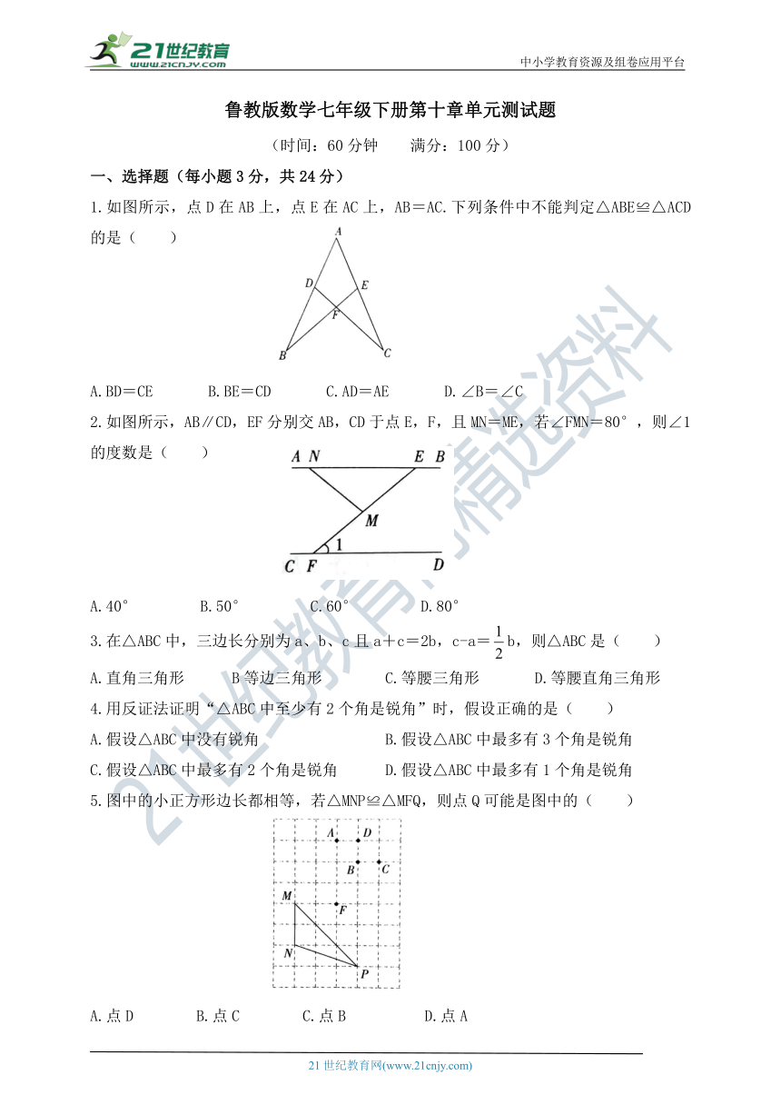 鲁教版数学七年级下册第十章 《三角形的有关证明》 单元测试题（含答案）