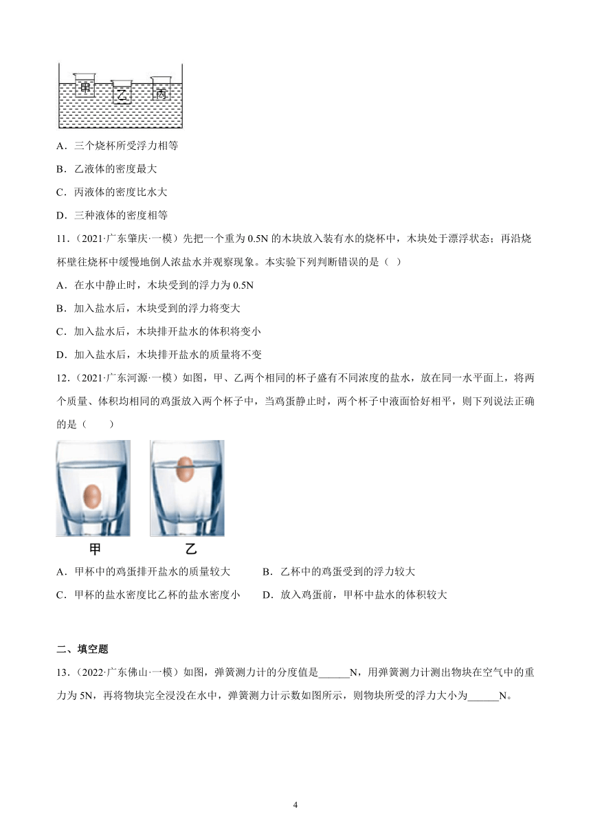 广东地区2021、2022两年物理中考真题、模拟题分类选编—浮力 练习题（含答案）
