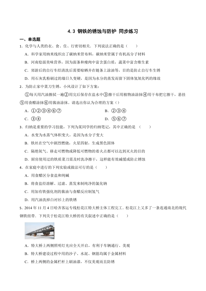 4.3 钢铁的锈蚀与防护 同步练习（含答案） 2022-2023学年鲁教版（五四制）九年级全册化学