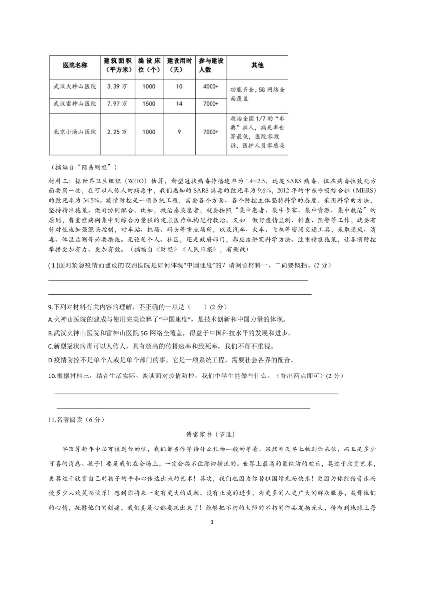 湖南省衡阳市华新实验中学2020-2021学年下学期八年级语文第一次月考试题（扫描版，无答案）