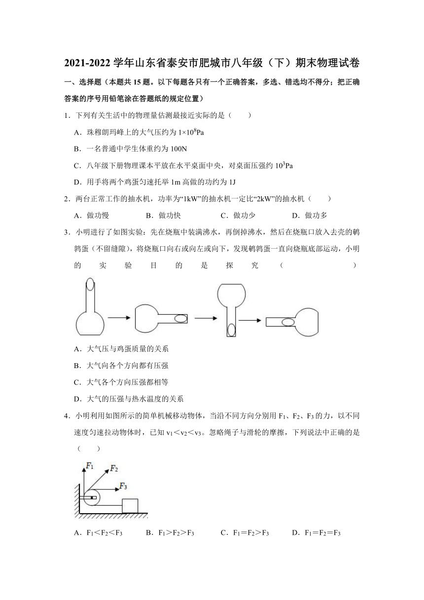 山东省泰安市肥城市2021-2022学年八年级下学期期末考试物理试题（word解析版）