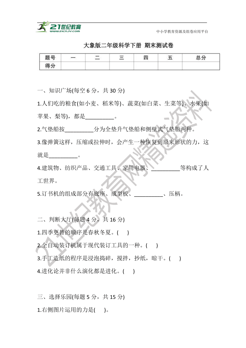 2021大象版二年级科学下册 期末测试卷(含答案)