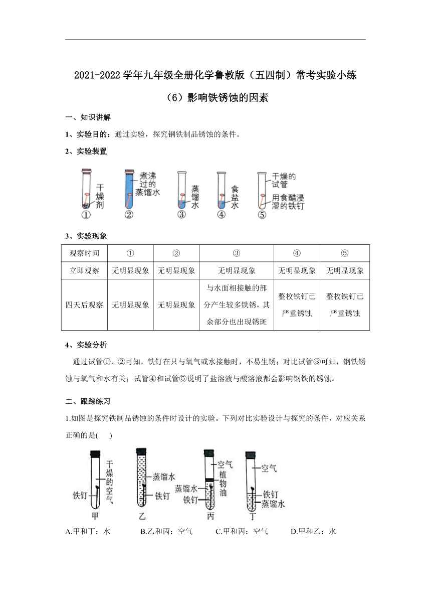 2021-2022学年九年级全册化学鲁教版（五四制）常考实验小练（6）影响铁锈蚀的因素