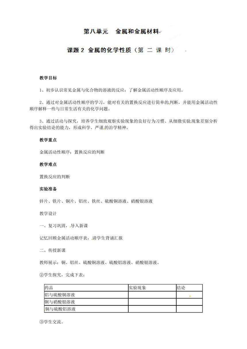 人教版化学九年级下册 第八单元课题2 金属的化学性质(第2课时)教案