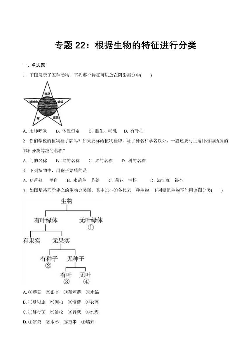 【会考专训】中考生物会考复习专项训练22：根据生物的特征进行分类（含解析）