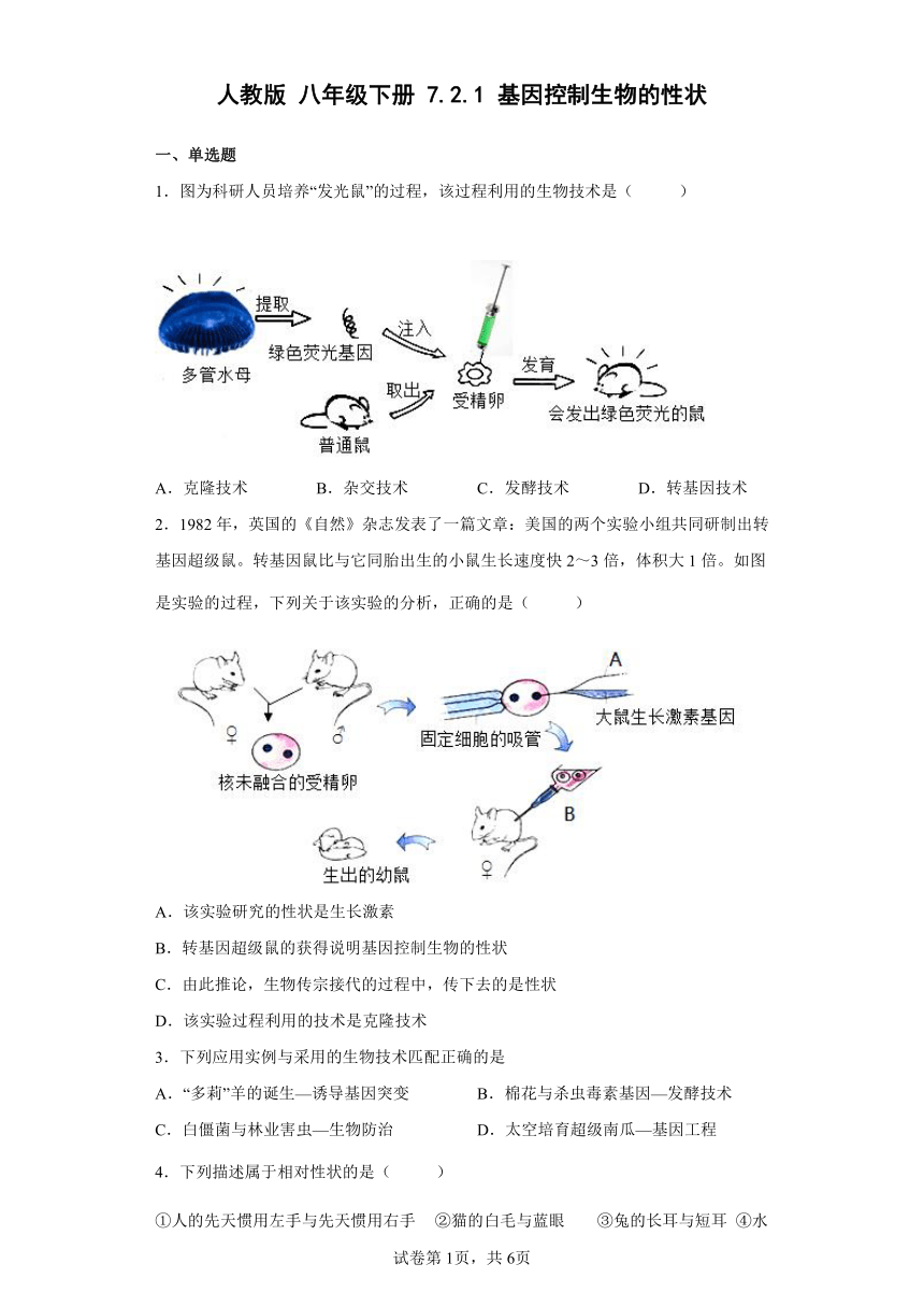 人教版八年级下册7.2.1基因控制生物的性状同步练习（word版 含解析）