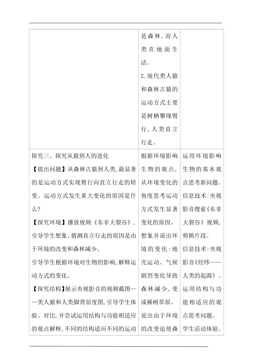 第一章人的由来 第一节　人类的起源和发展   表格式教案