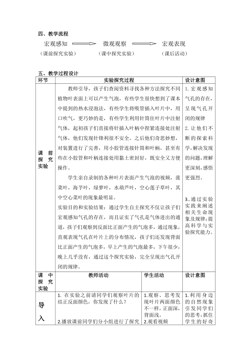 18.1绿色植物与生物圈的水循环：《观察叶片的结构和叶表皮的气孔》实验及拓展 教案（表格式）