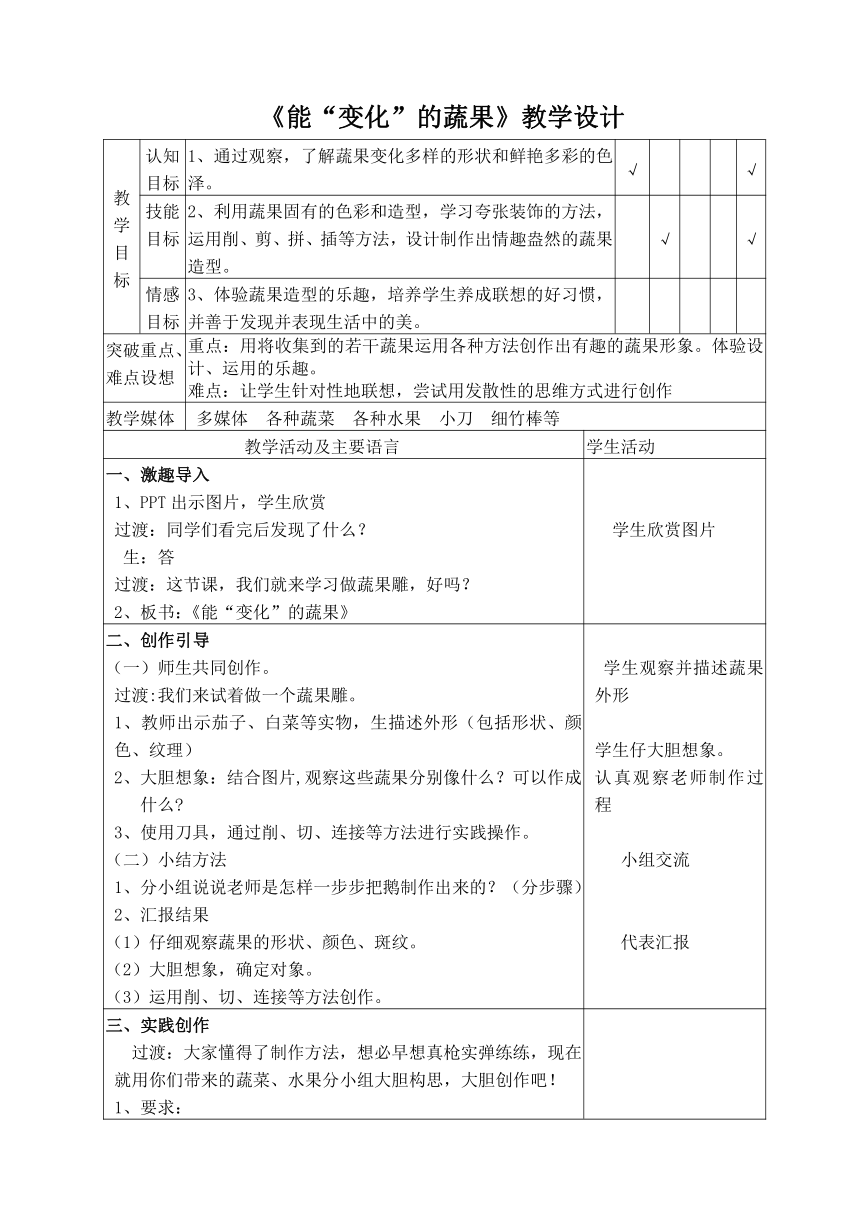 五年级下册美术教案-第6课  能“变化”的蔬果 丨赣美版（表格式）