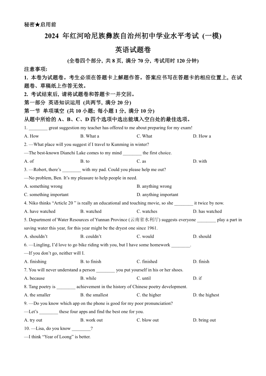 2024年云南省红河州中考一模英语试题（含解析）