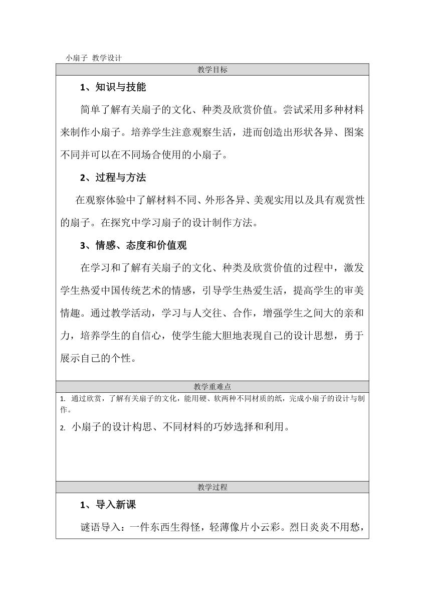 第4课 小扇子 教学设计（表格式）人美版美术二年级上册