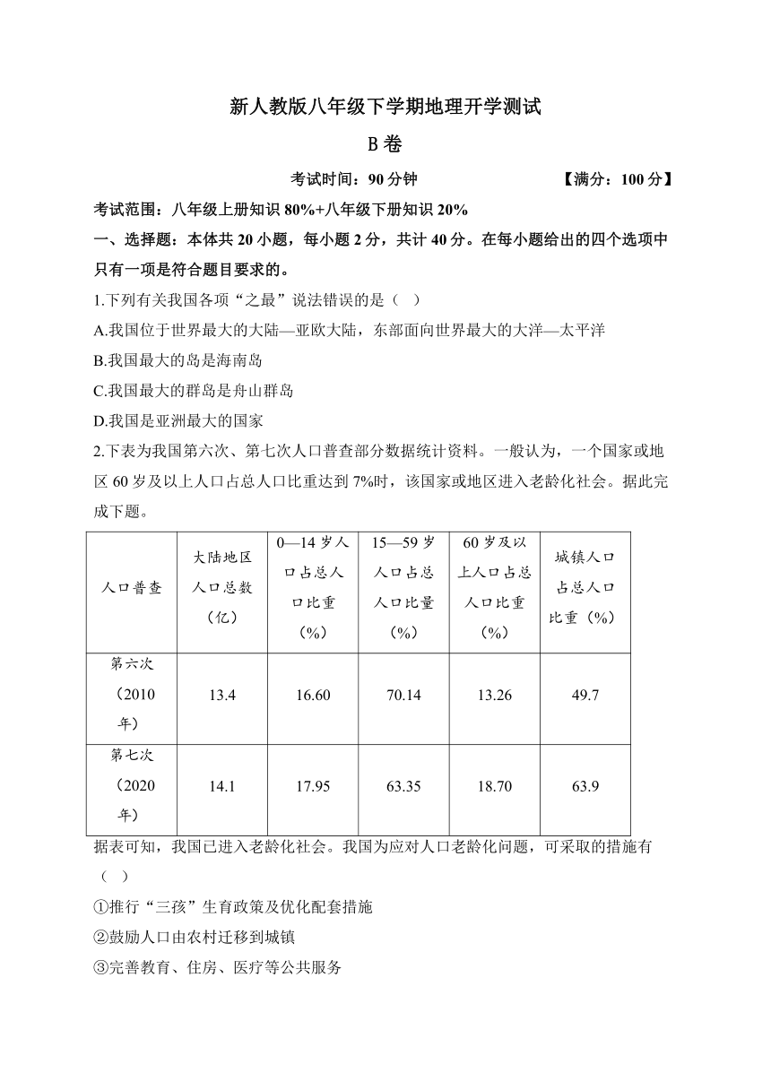 新人教版八年级下学期地理开学测试 B卷（含解析）