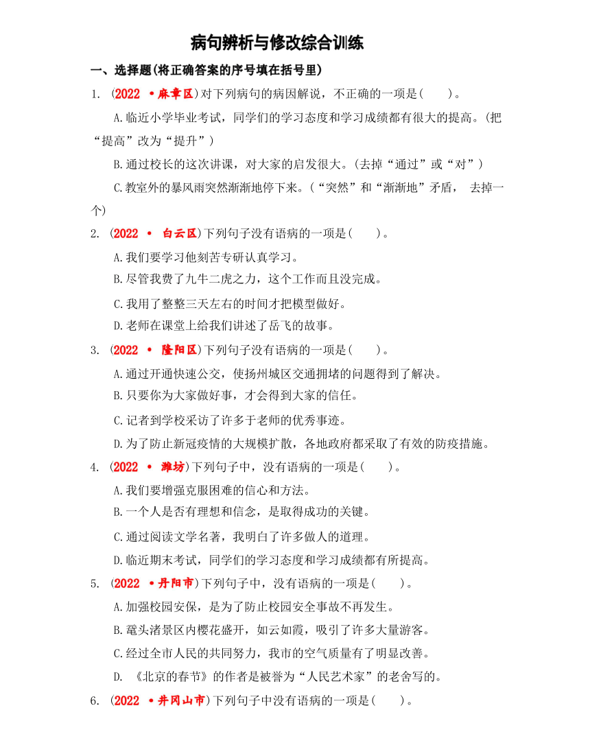 2023年小升初语文 病句辨析与修改综合训练（有解析）