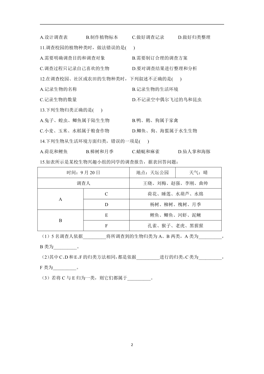 2023年中考一轮复习生物重点练：专题一 考点02 调查我们身边的生物（A卷）（含解析）