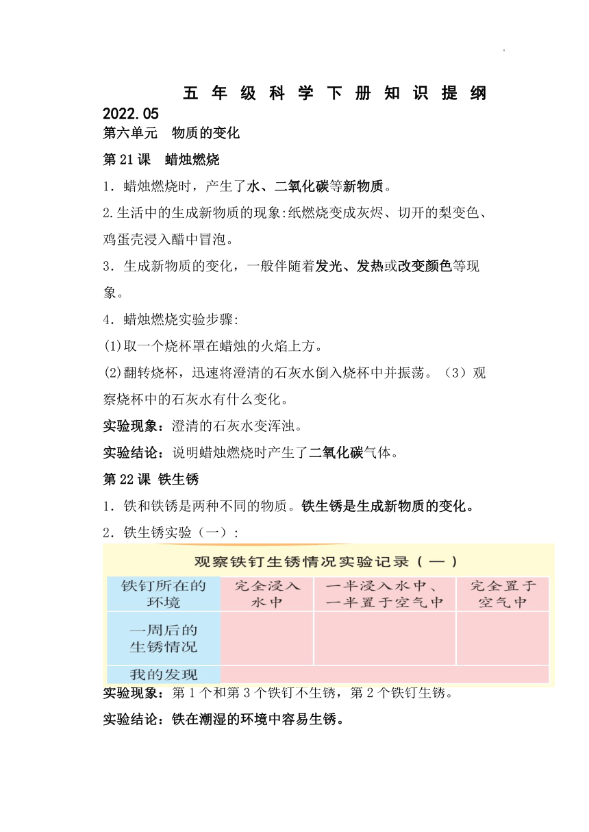 青岛版（六三制2017秋） 五年级下学期科学第六单元物质的变化知识提纲