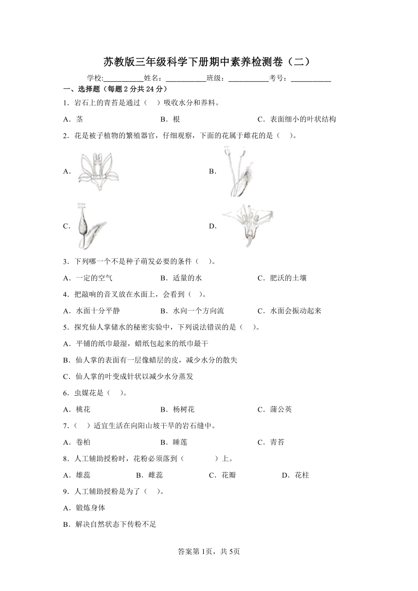 苏教版三年级科学下册期中素养检测卷（二）（含答案）