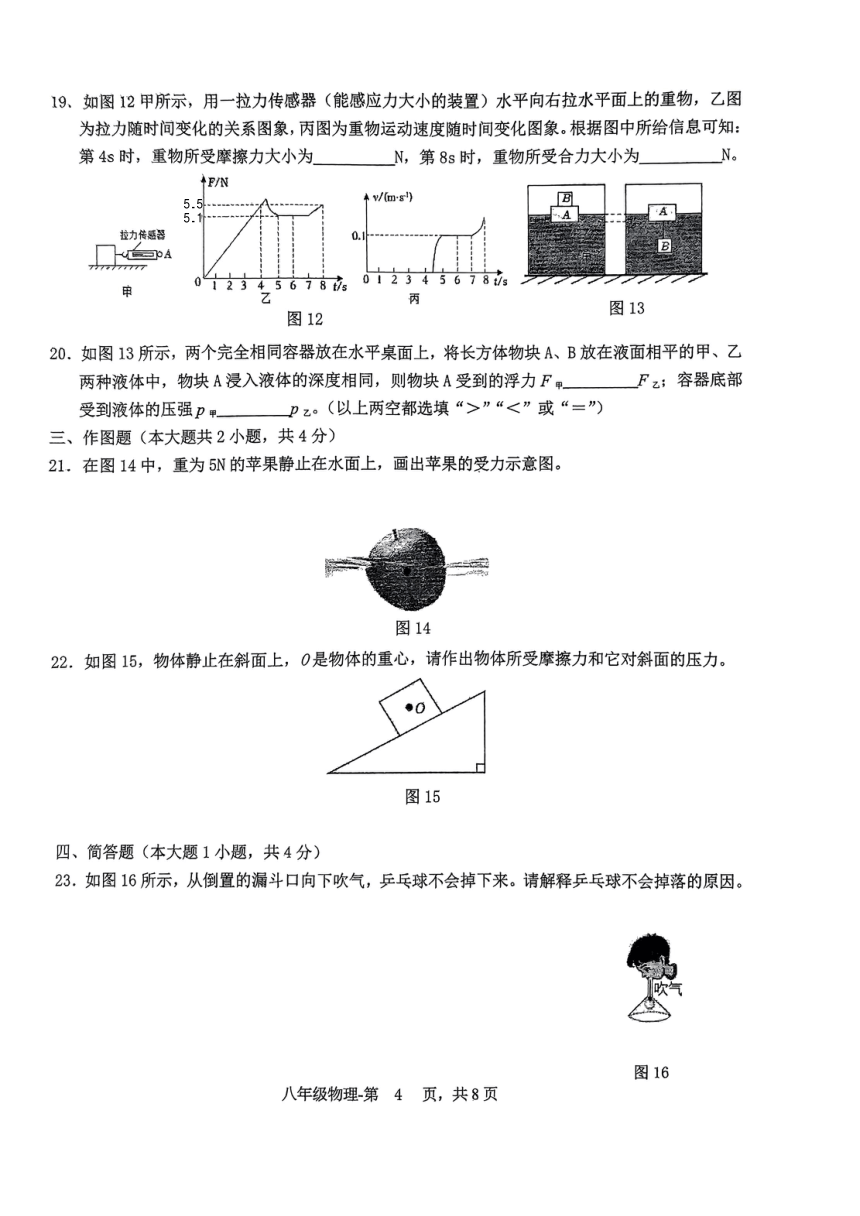 福建省福州第十九中学2023-2024学年下学期八年级物理期中试卷（PDF版 无答案）