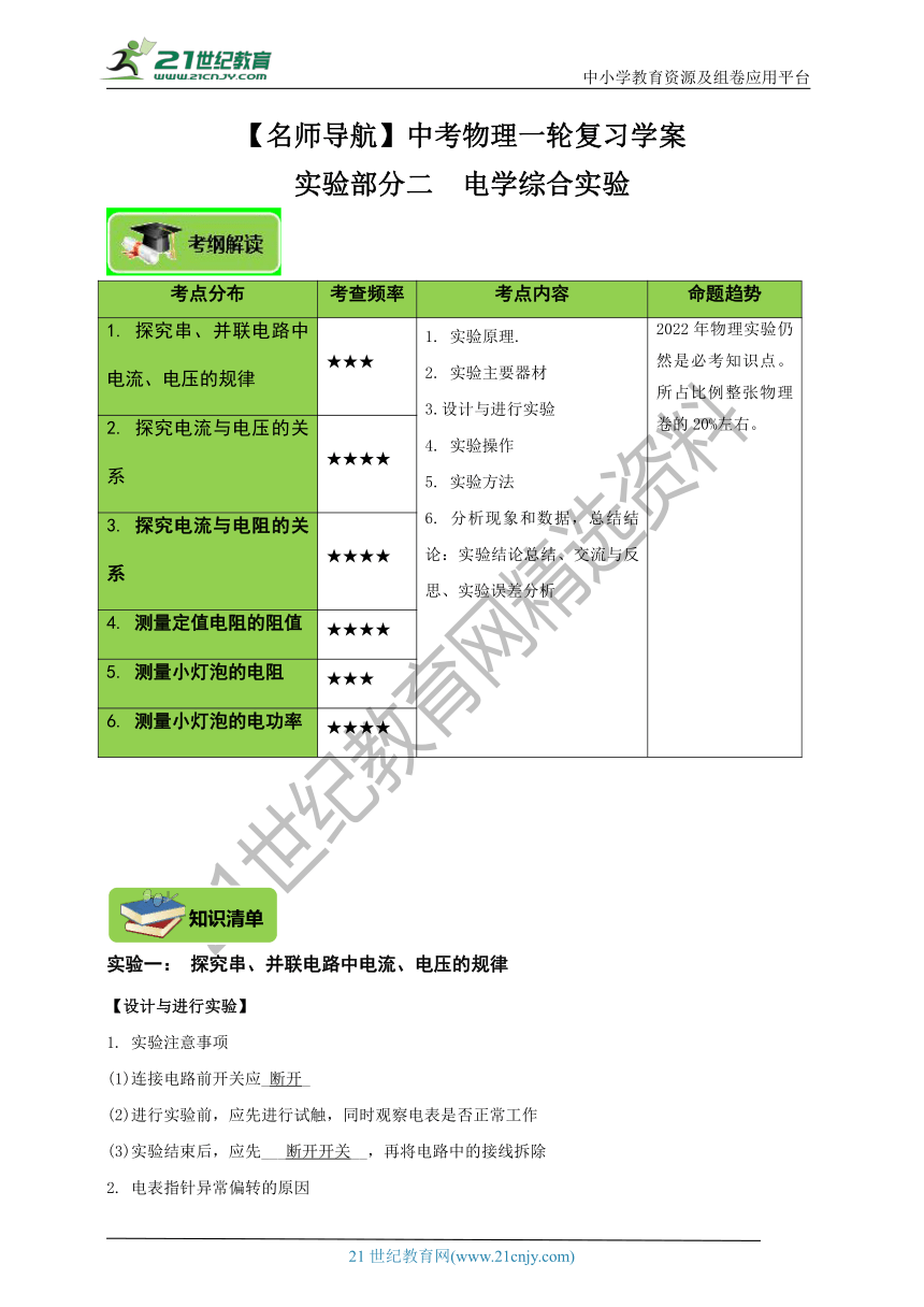 【2022名师导航】中考物理一轮复习学案 实验部分 电学实验综合 （考纲解读+知识清单＋达标检测）