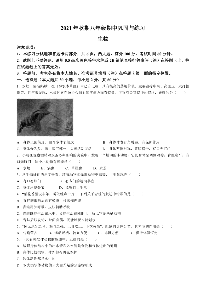 河南省南阳市社旗县2021-2022学年八年级上学期期中生物试题（word版 含答案）