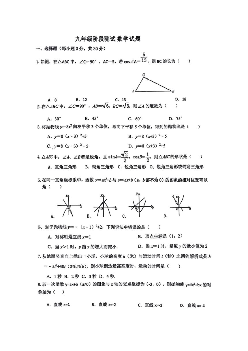 2024年广东省梅州市梅县区部分学校九年级阶段测试数学试题（一模）（PDF无答案）