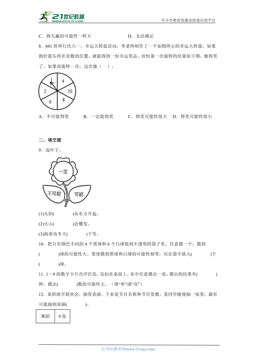 第6单元可能性经典题型练习卷-小学数学四年级上册苏教版（含解析）