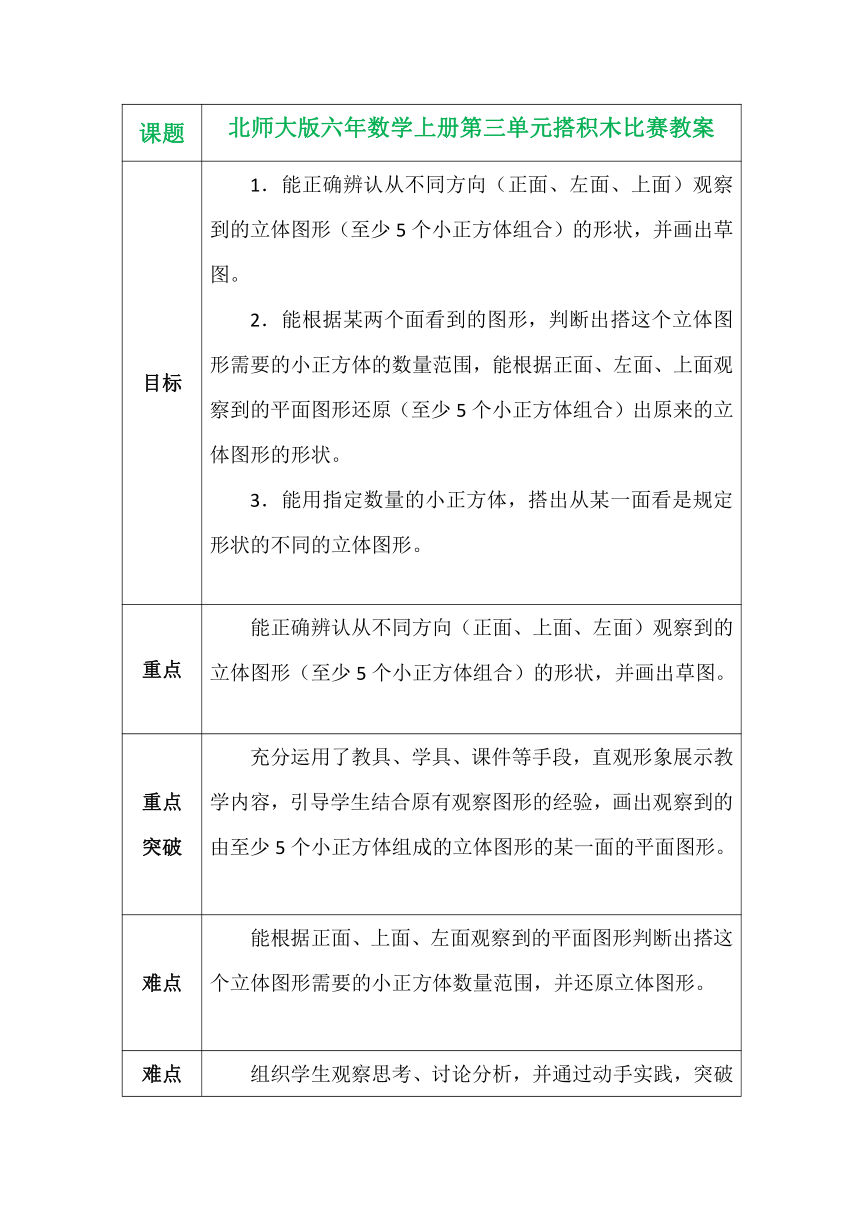 北师大版六年数学上册第三单元搭积木比赛 教案（表格式）