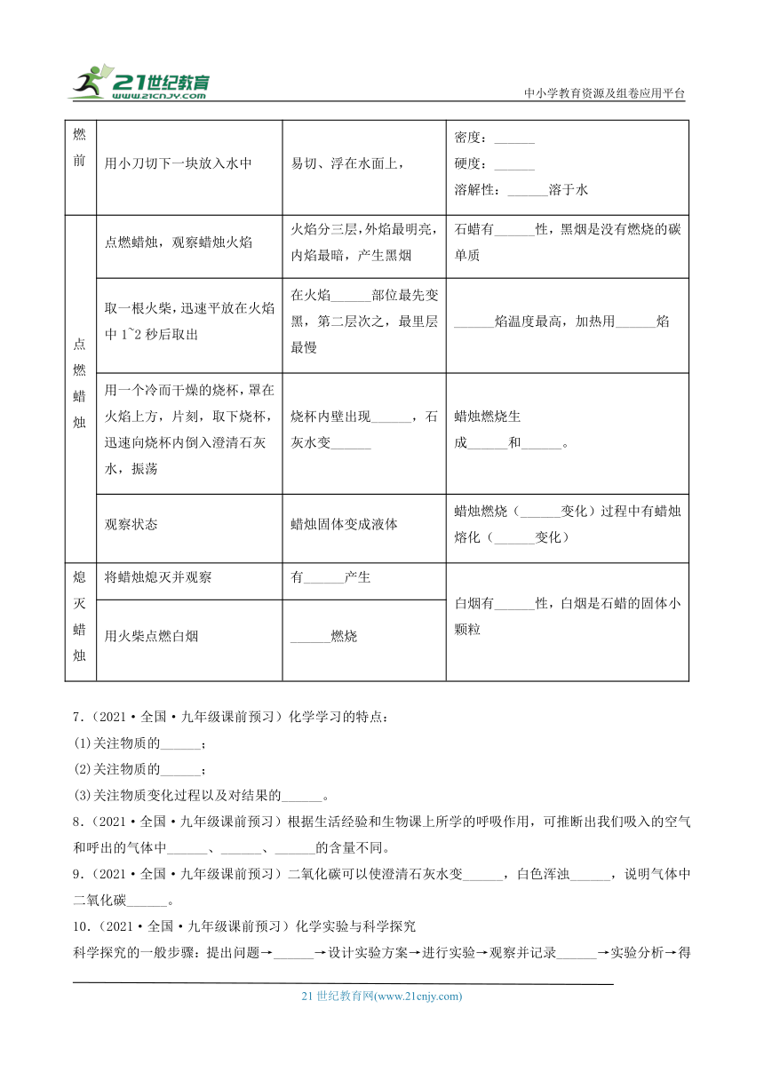 2022-2023学年九年级化学全一册同步课时分层训练（人教版）1.2化学是一门以实验为基础的科学（课内填空）（含答案）