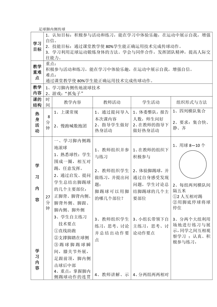 体育六年级下册   足球脚内侧传球  教案（表格式）