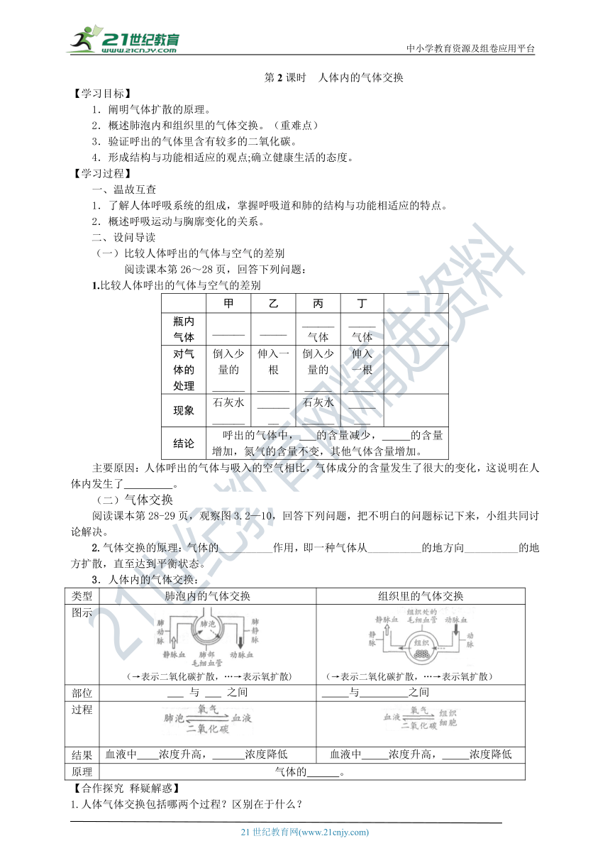 3.2.1人体与外界的气体交换（2）导学案（含答案）