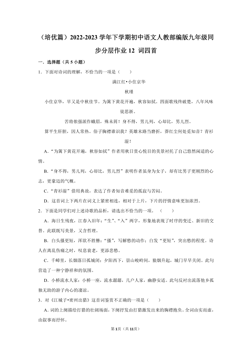 （培优篇）2022-2023学年下学期初中语文人教部编版九年级同步分层作业12 词四首 （含解析）