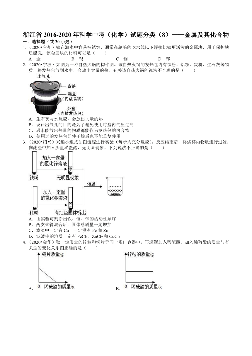 浙江省2016-2020年科学中考（化学）试题分类（8）——金属及其化合物（含答案）