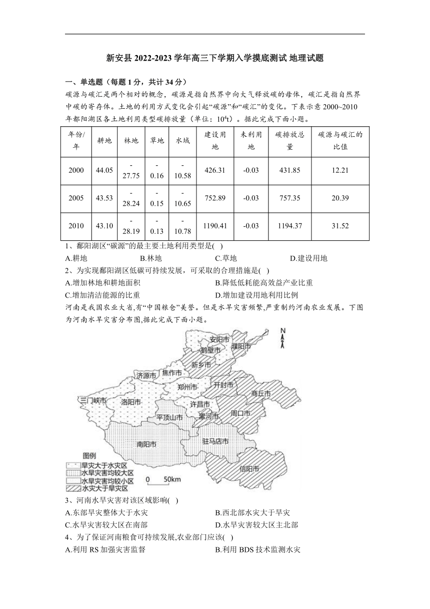 河南省新安县2022-2023学年高三下学期入学摸底测试地理试题（解析版）