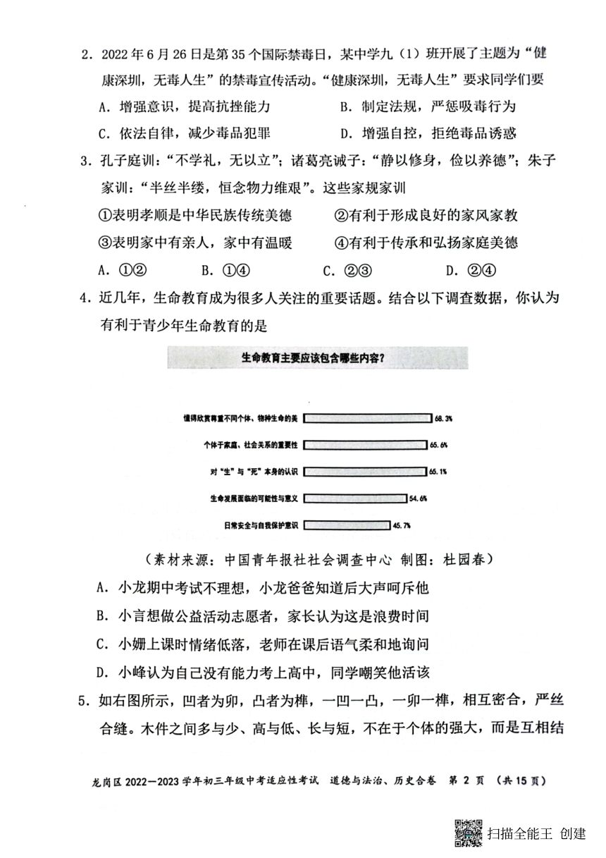 2023年广东省深圳市龙岗区二模道德与法治 历史试题（PDF版无答案）