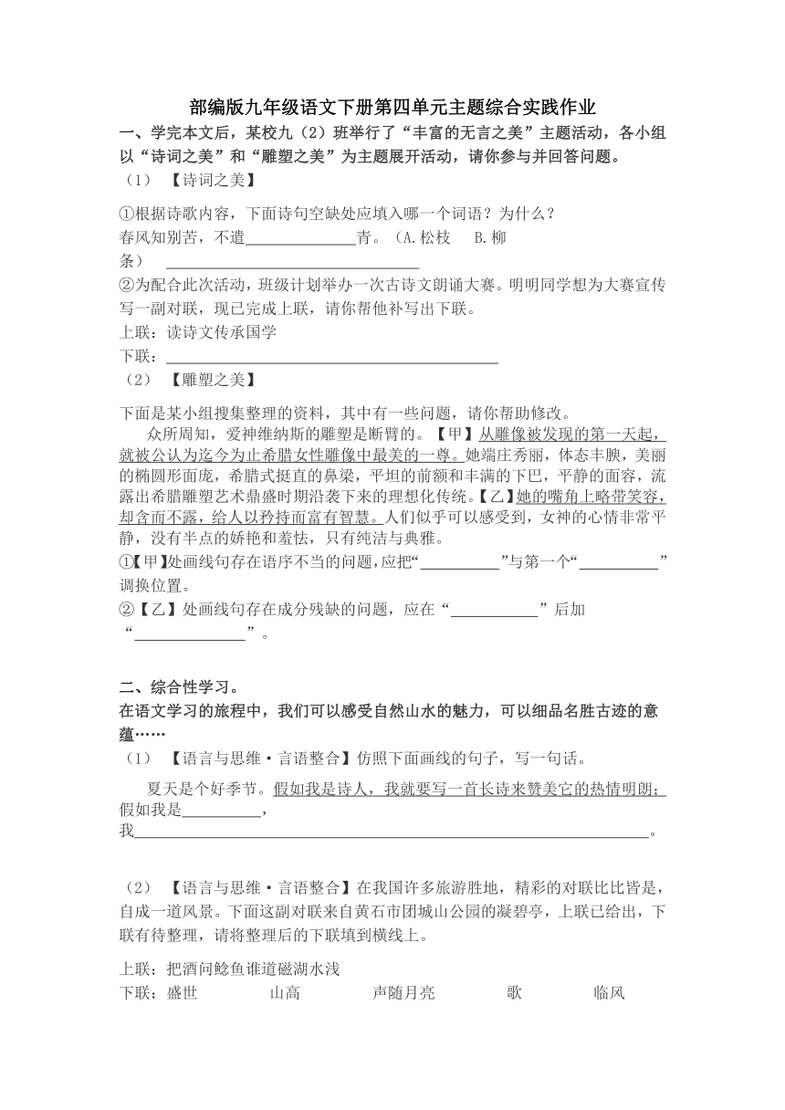 2021-2022学年部编版语文九年级下册第四单元主题综合实践作业（无答案）