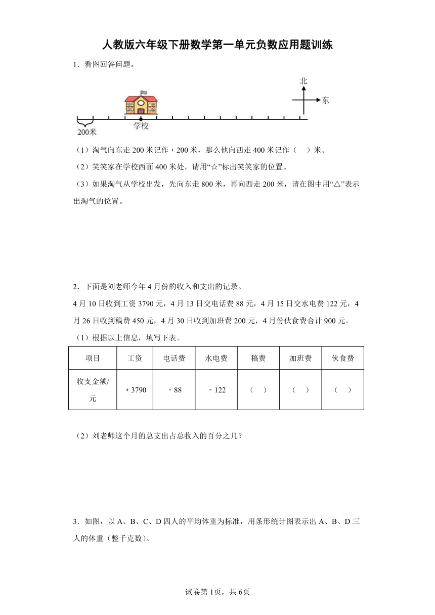 人教版六年级下册数学第一单元负数应用题训练（含答案）