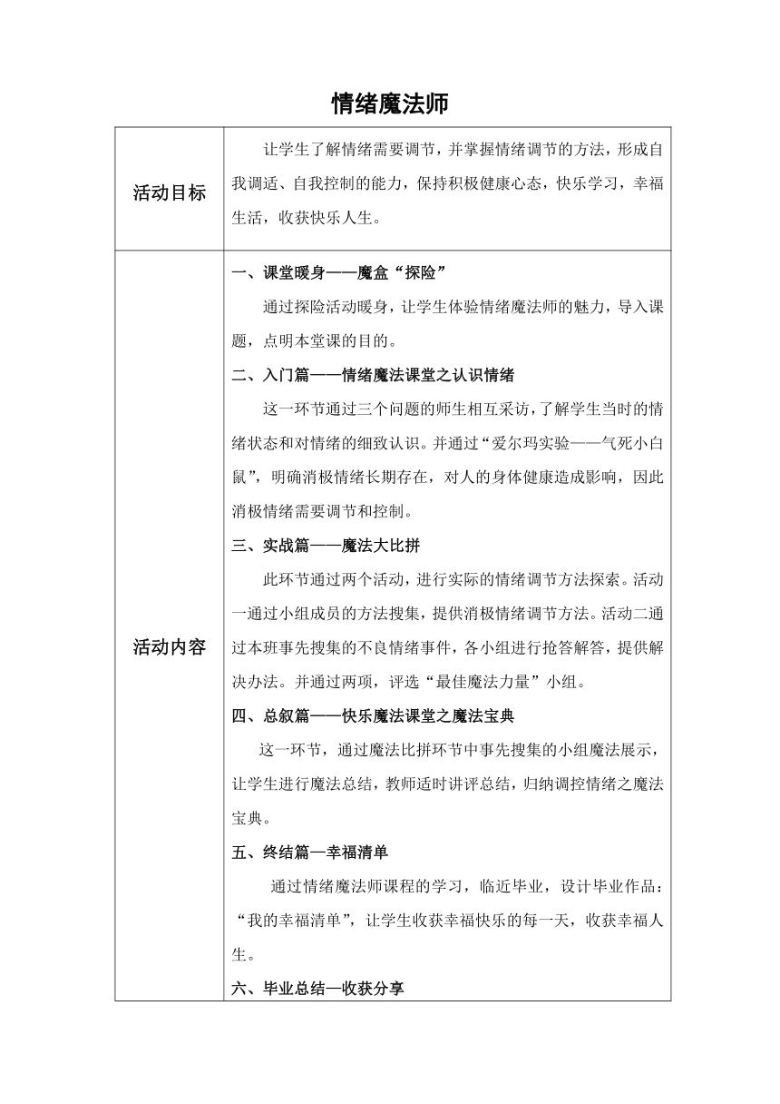 闽教版七年级心理健康教育 情绪魔法师  教案（表格式）