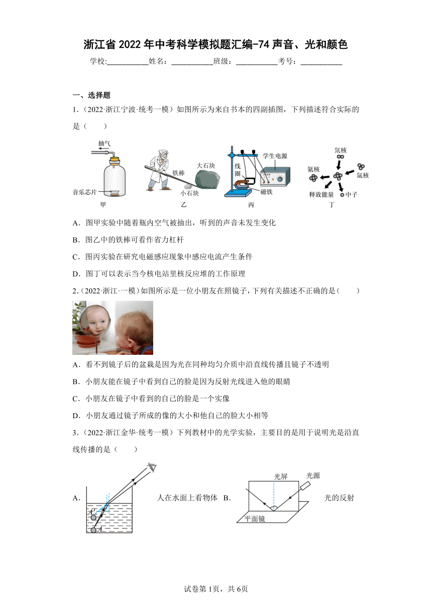 浙江省2022年中考科学模拟题汇编-74声音、光和颜色（含解析）