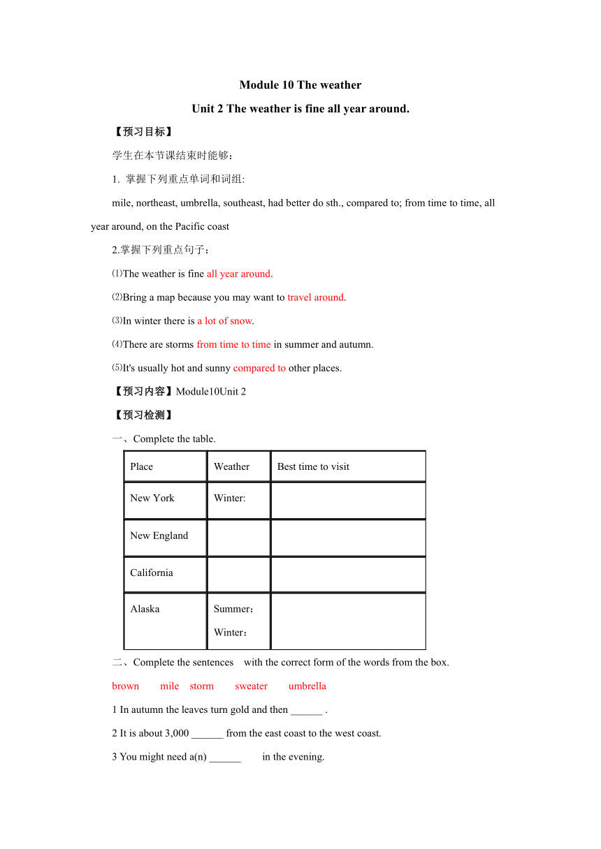 外研版八年级上册 Module 10 Unit 2 The weather is fine all year round.导学案（含答案）