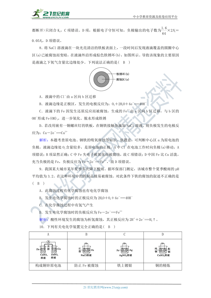 高中化学选修四4金属的电化学腐蚀与防护 课时作业（含解析）