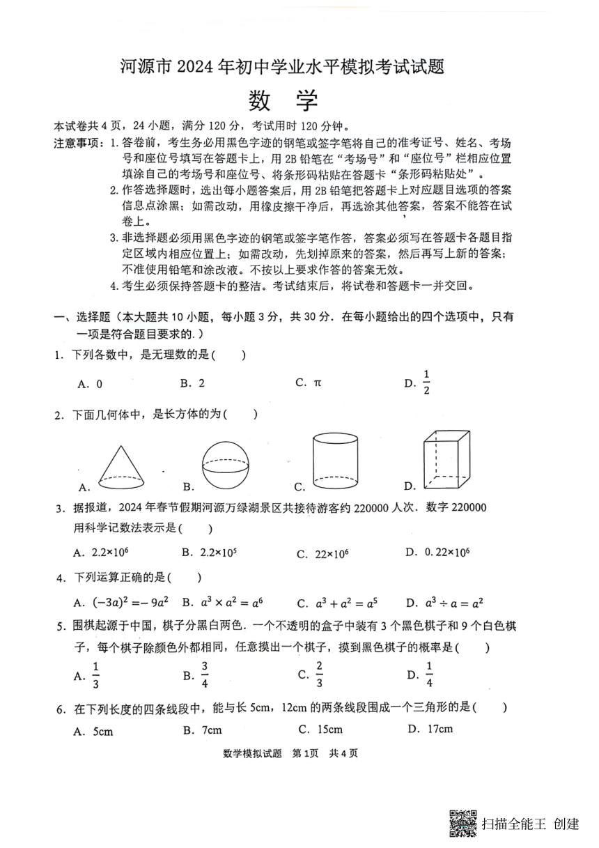 2024年广东省河源市中考一模数学试题（pdf版无答案）