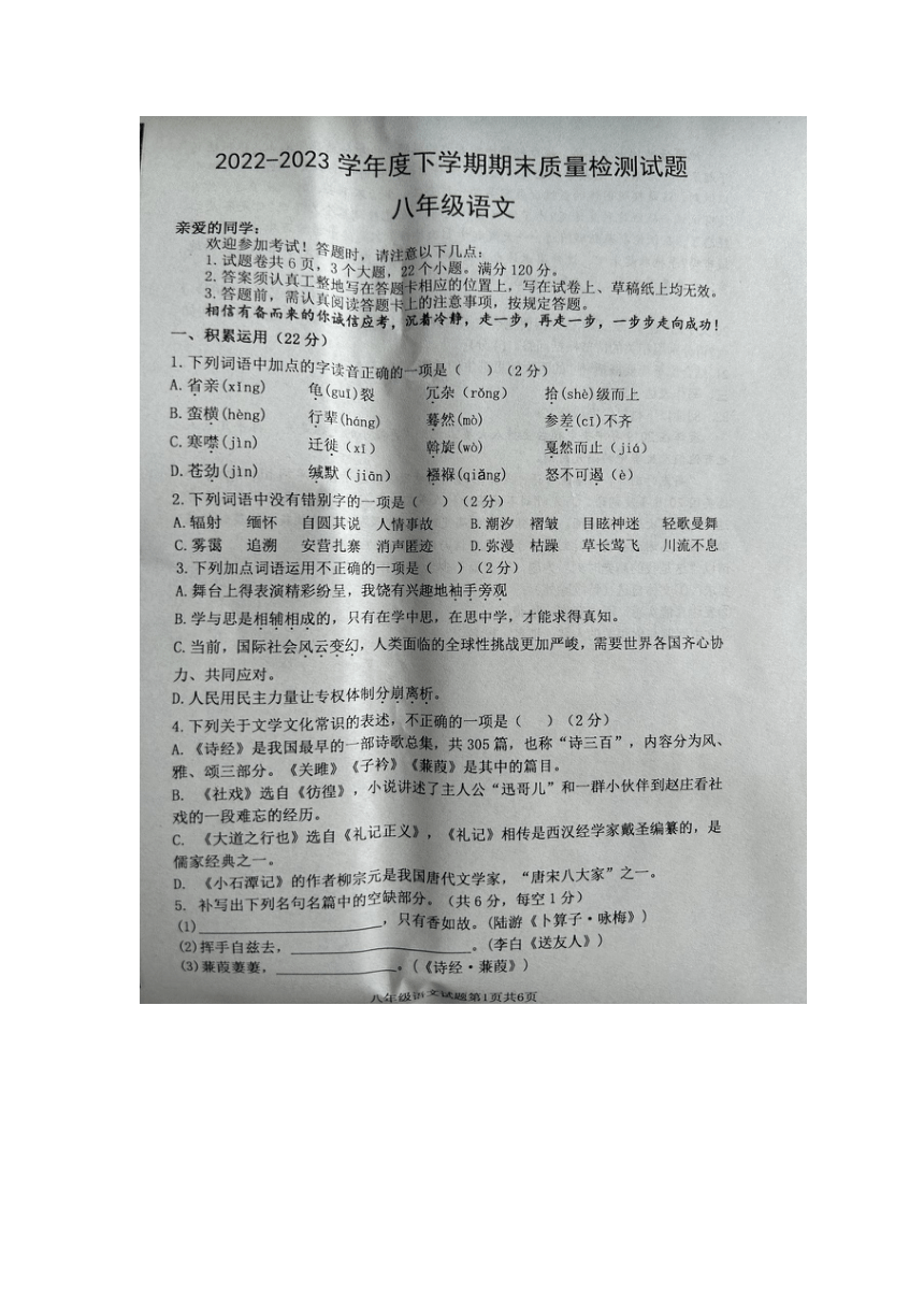 山东省临沂市兰陵县2022-2023学年八年级下学期期末考试语文试题（图片版，无答案）