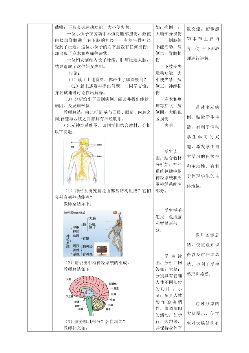 人教版七年级生物 下册 4. 6.2 神经系统的组成 教案（表格式）