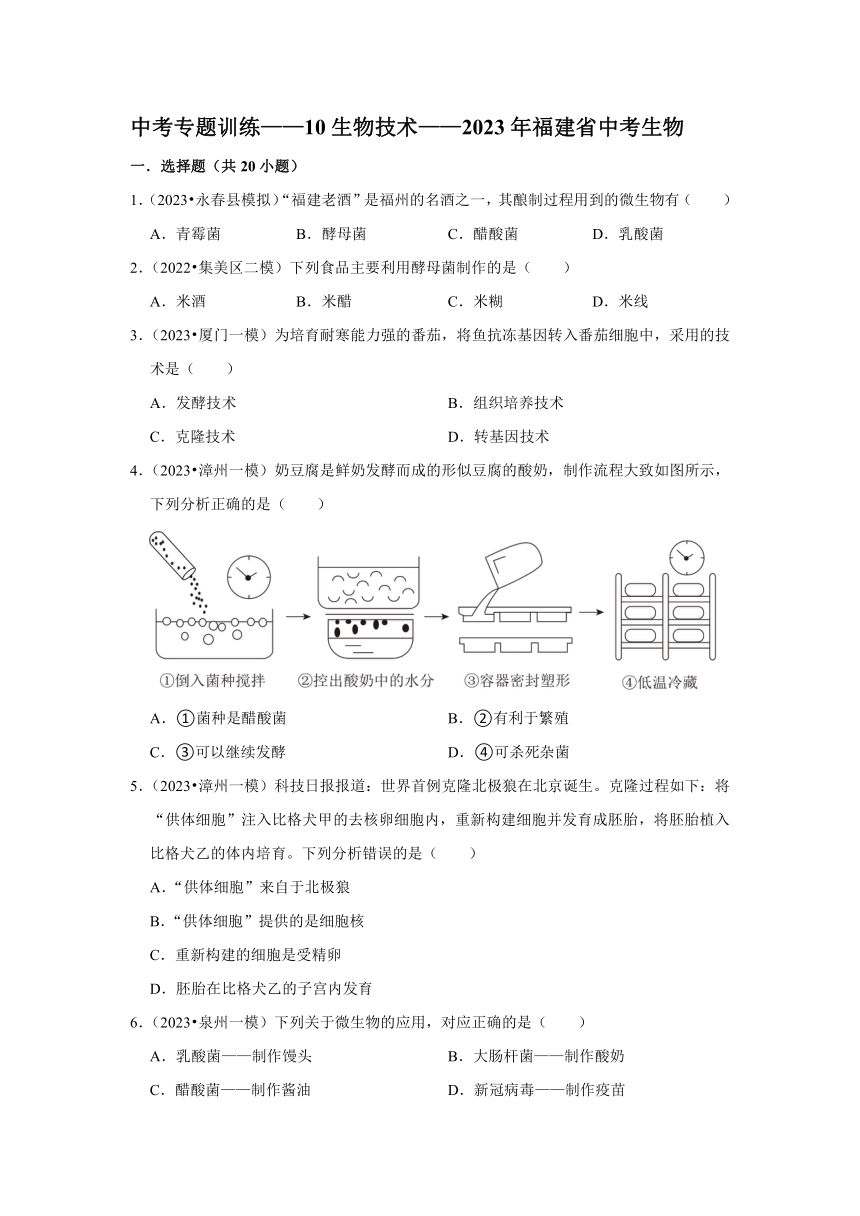 中考专题训练——10生物技术——2023年福建省中考生物（含解析）