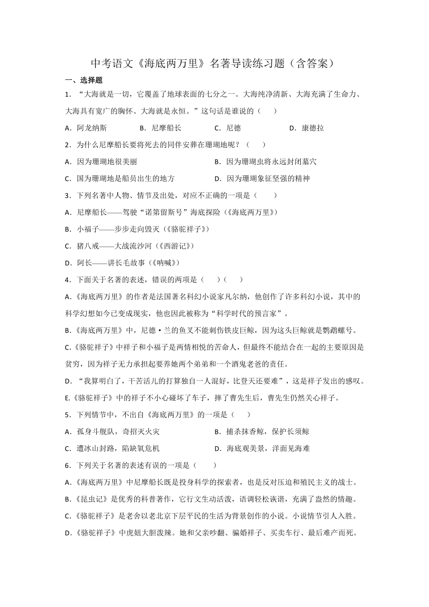 中考语文《海底两万里》名著导读练习题（Word版 含答案）